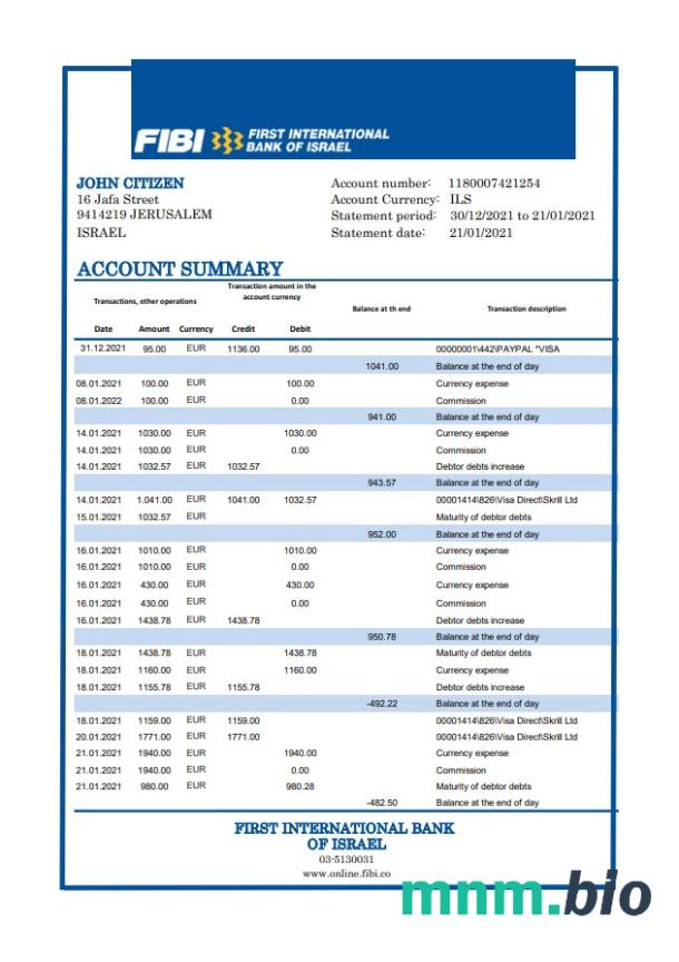 Israel Bank Hapoalim szablon wyciągu bankowego w programie Word i PDF